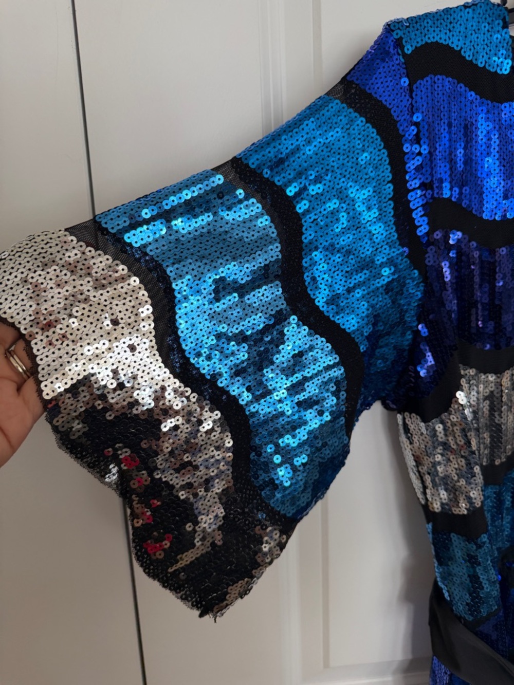 Eloquii Blue and Silver Sequin V-Neck Midi with Black Satin Tie NWT - Picture 4 of 4